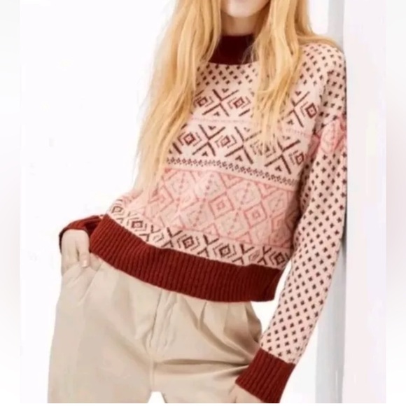 American Eagle NWT Mock Neck Cropped Fair Isle Pullover Close Knit Sweater Small - Picture 1 of 12